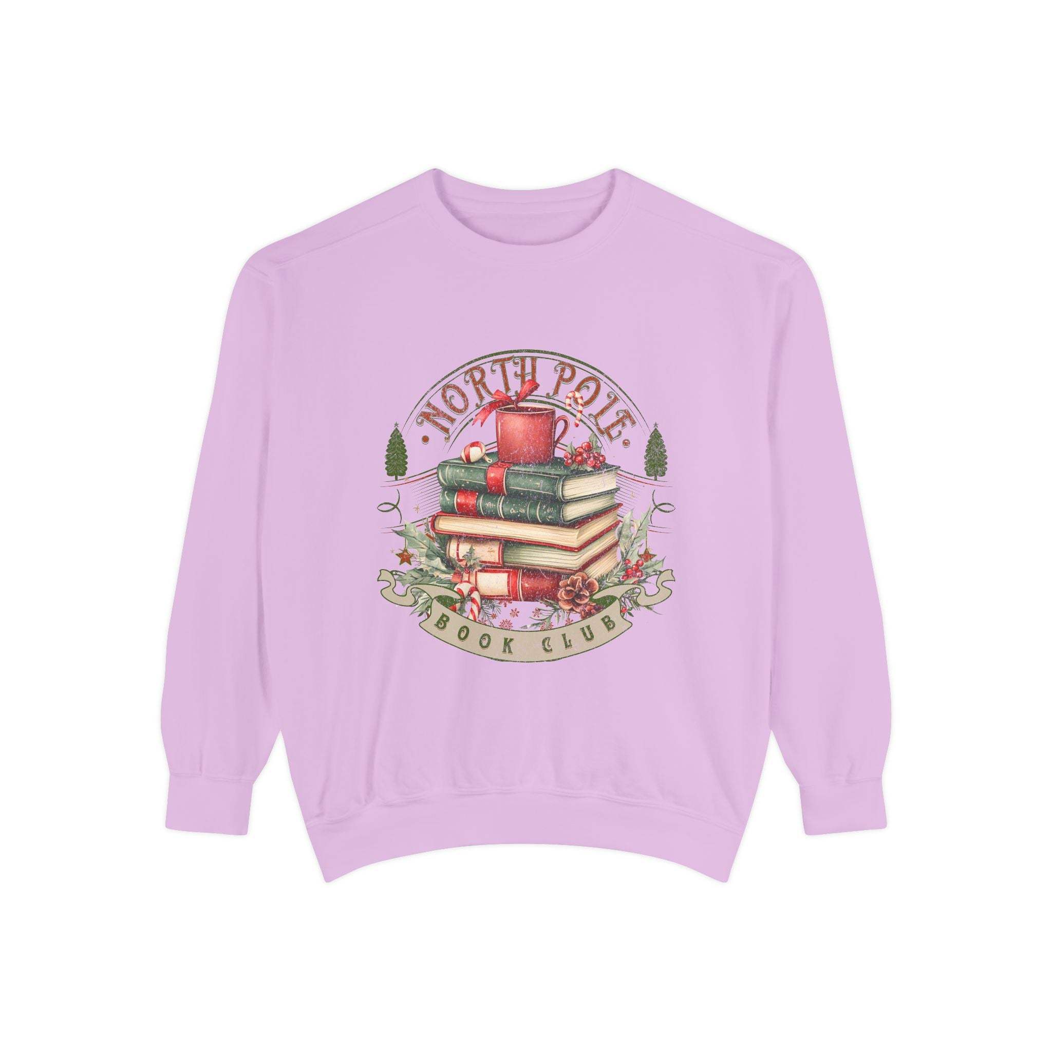 Vintage North Pole Book Club cozy holiday sweatshirt with book and mug design, soft cotton blend, relaxed fit