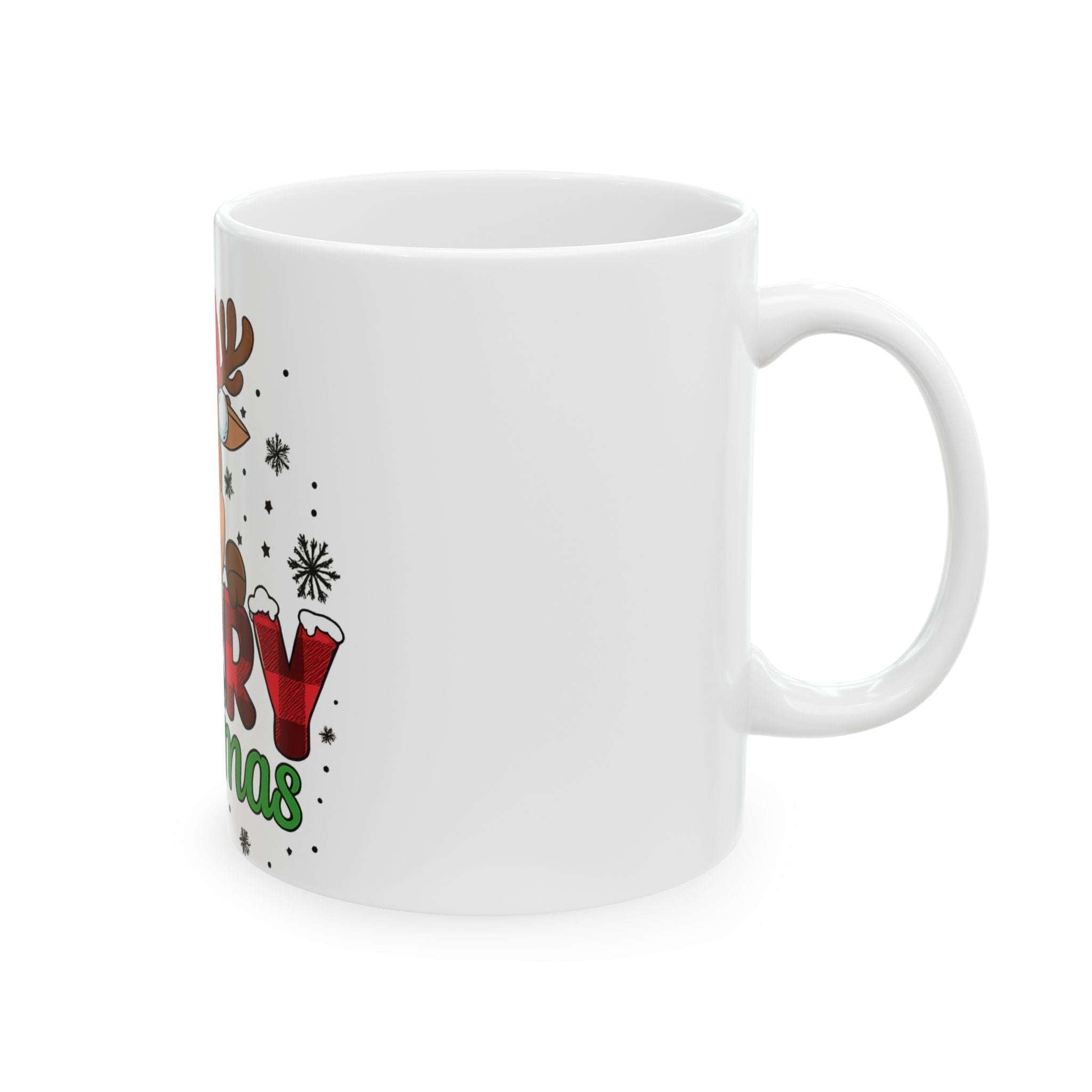Ceramic mug featuring a festive reindeer design, available in 11oz and 15oz sizes by Printify.