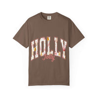 Varsity Holly Jolly T-shirt brown garment-dyed cotton festive Christmas tee unisex