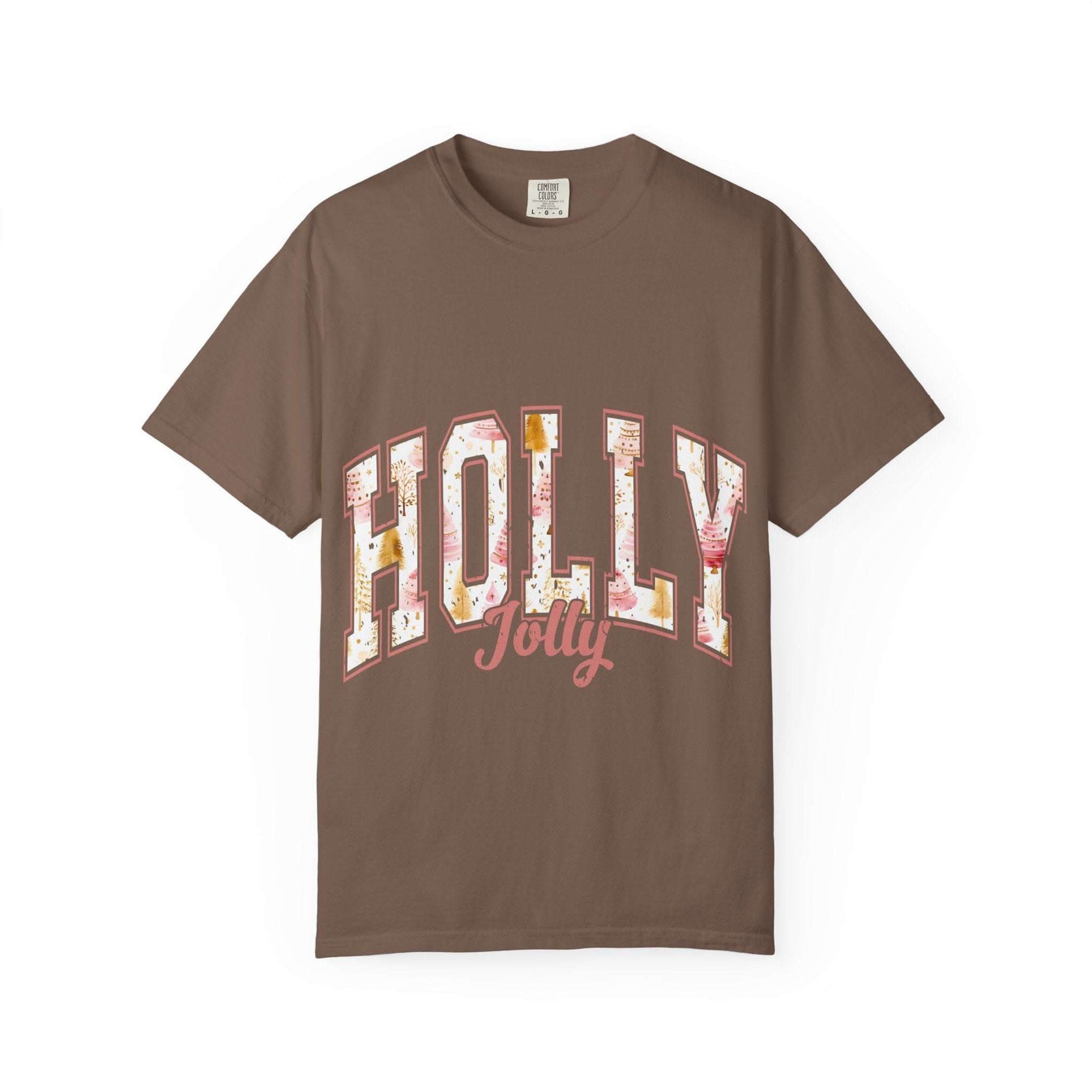 Varsity Holly Jolly T-shirt brown garment-dyed cotton festive Christmas tee unisex
