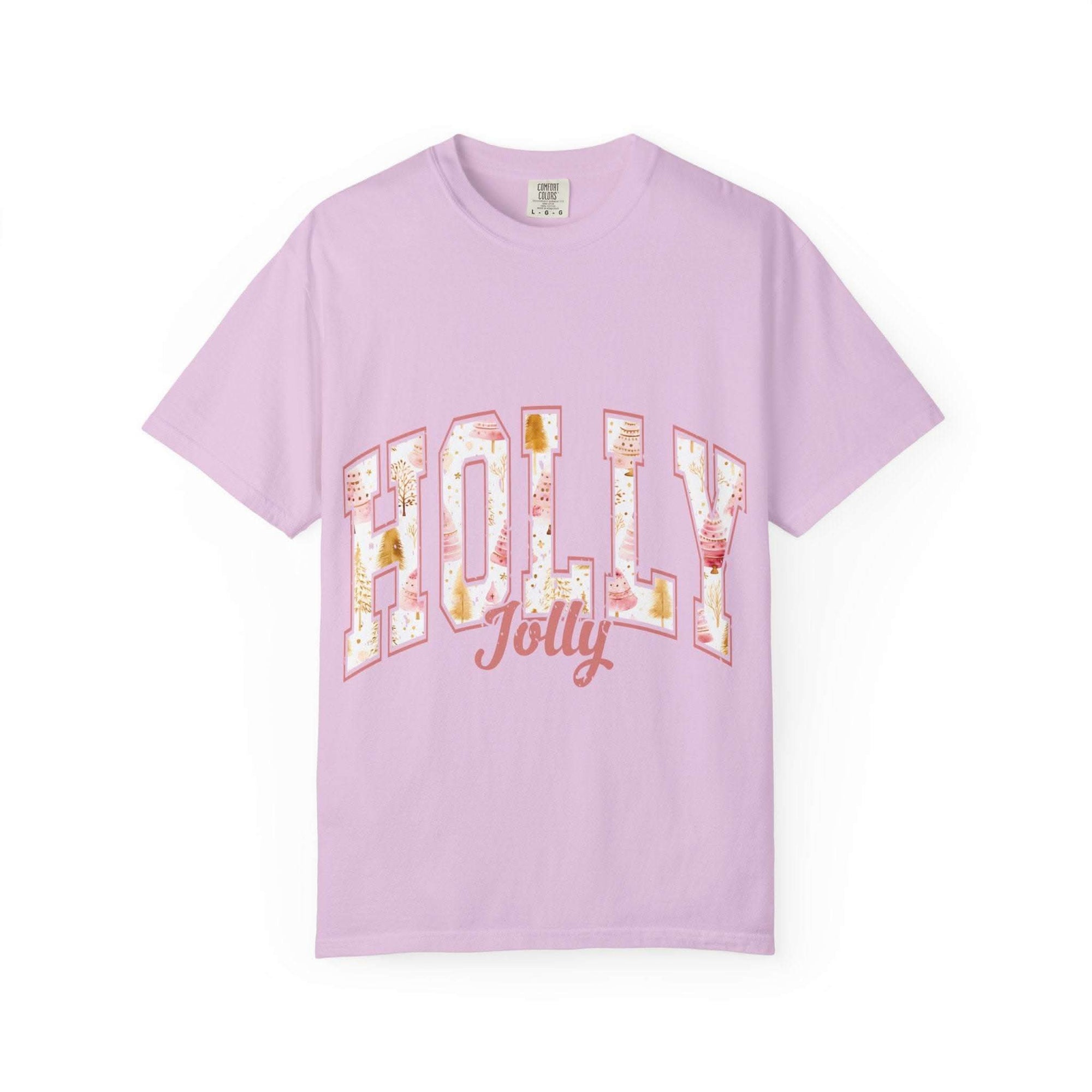 Varsity Holly Jolly T-shirt in lavender garment-dyed cotton with festive holiday print