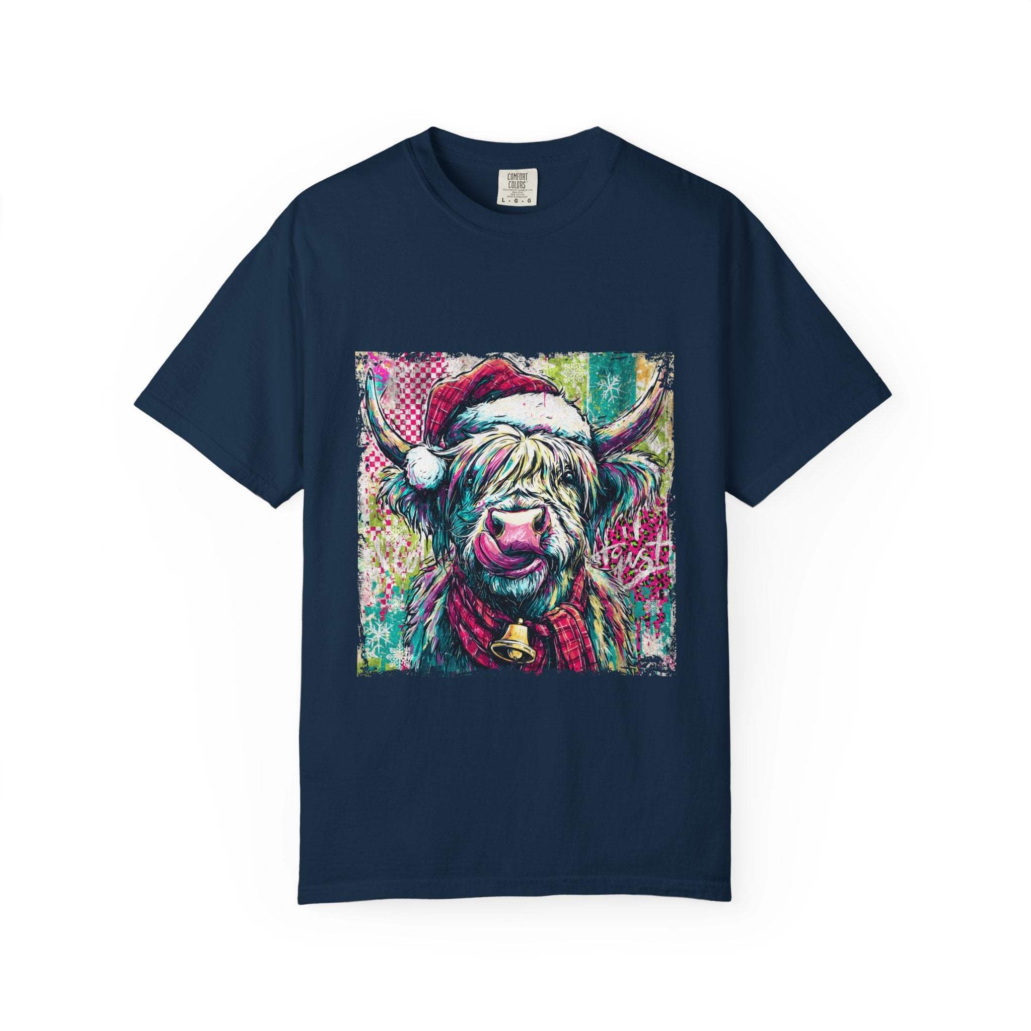 Navy Retro Santa Highland Cow T-shirt with festive cow design and Santa hat