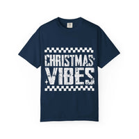 Distressed Christmas Vibes garment-dyed vintage holiday T-shirt with faded distressed graphics and soft muted tones