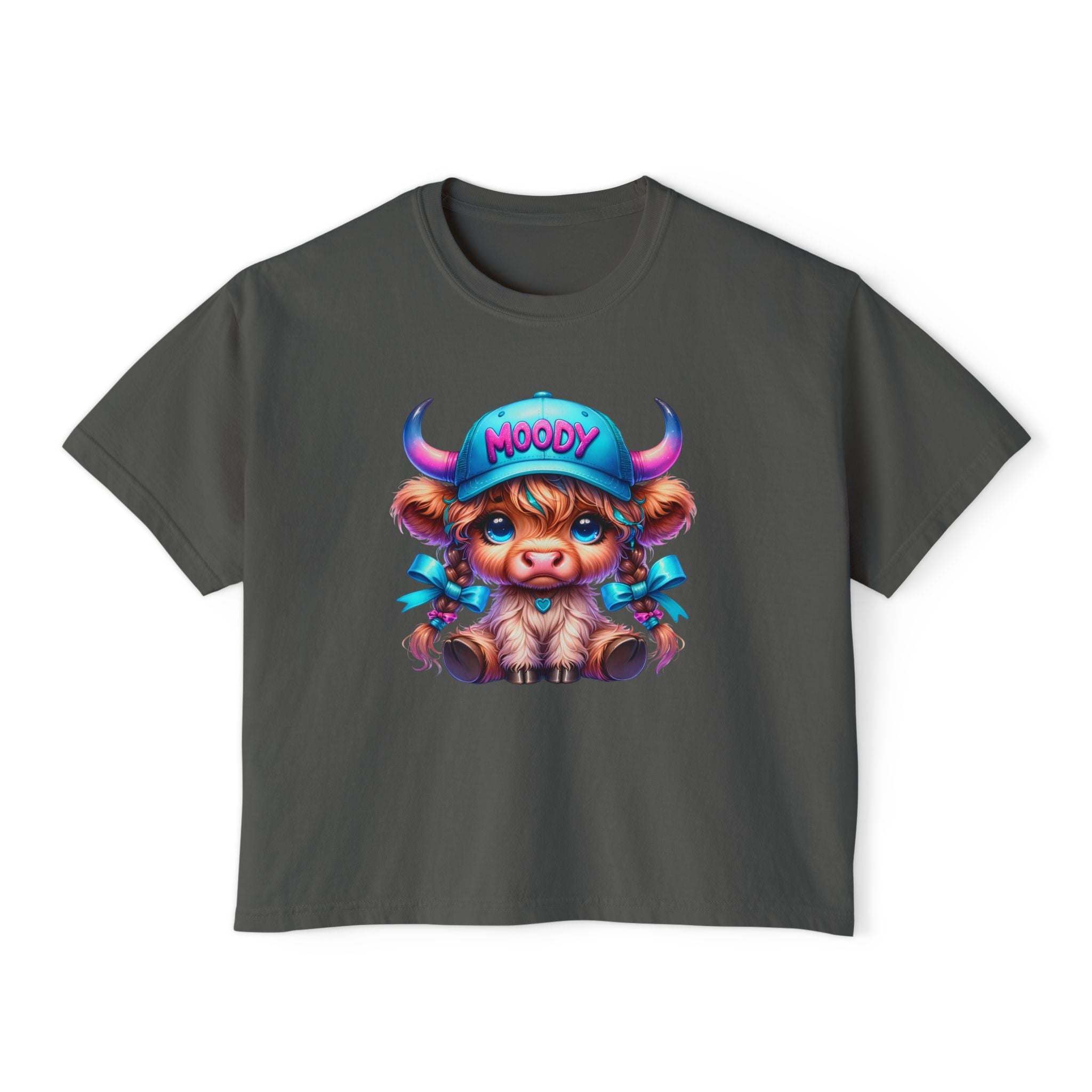 Women's boxy tee with moody girl highland cow graphic in vintage pigment dye colors