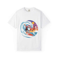 White Surfing Santa T-shirt with festive Santa surfing graphic on a wave at sunset