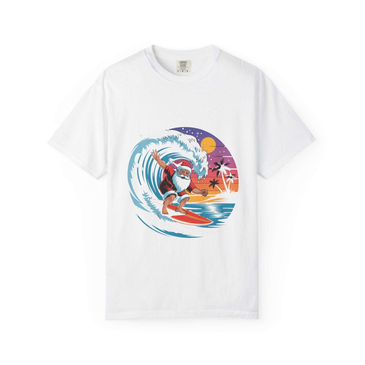 White Surfing Santa T-shirt with festive Santa surfing graphic on a wave at sunset