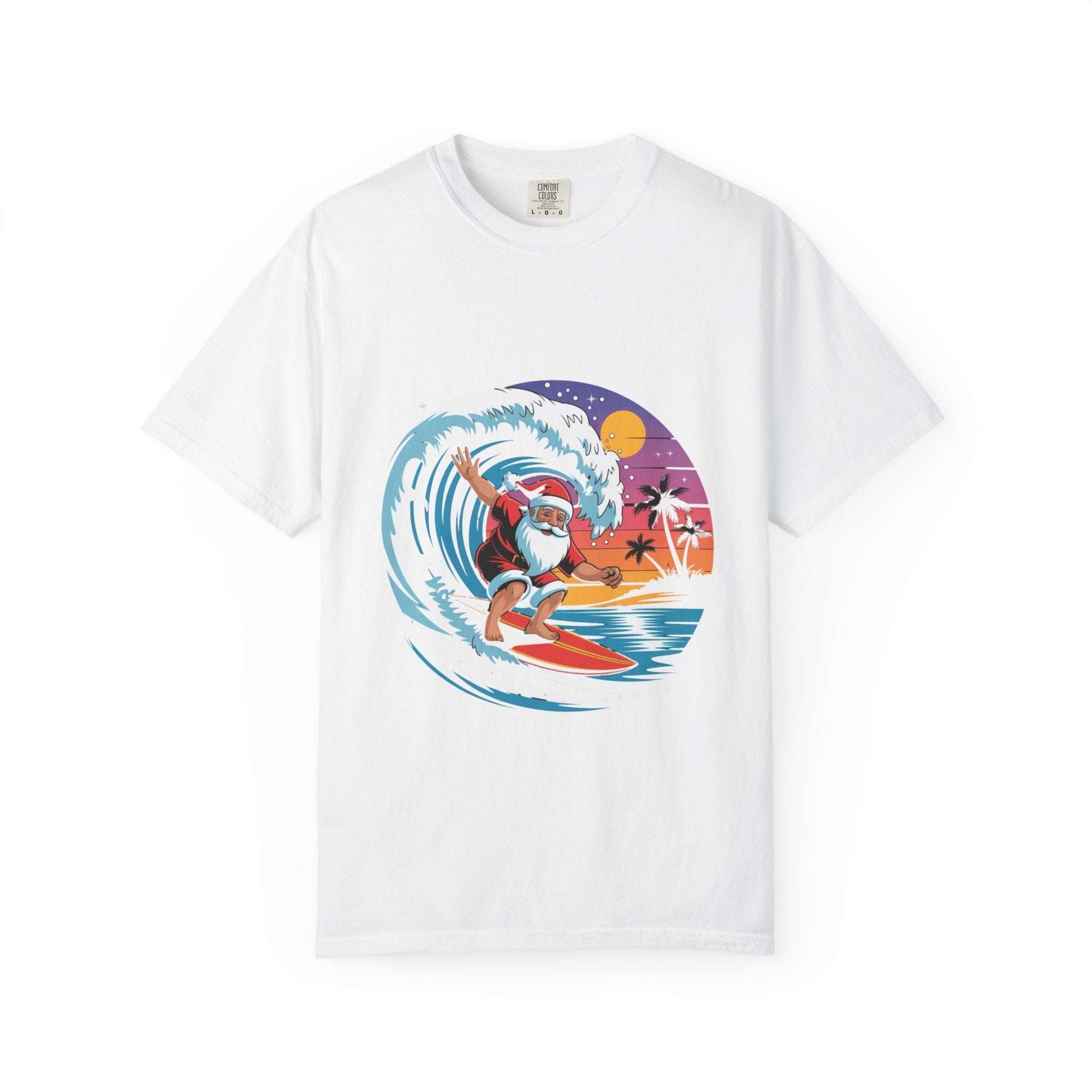 White Surfing Santa T-shirt with festive Santa surfing graphic on a wave at sunset