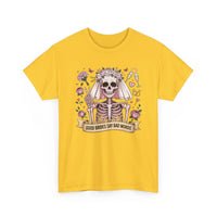 Bride Skull Illustration Tee featuring skeleton bride, roses, champagne, and banner with "Good brides say bad words" text on white cotton shirt