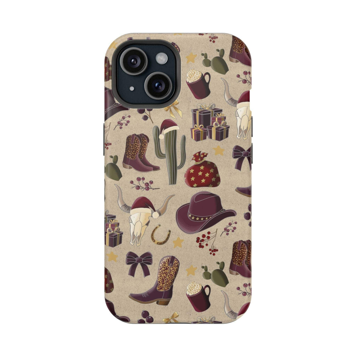 Cowboy Christmas design phone case for iPhone 17 in glossy finish by Printify, featuring festive colors and patterns.