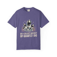 Purple t-shirt with a graphic of crystals and text on a white background