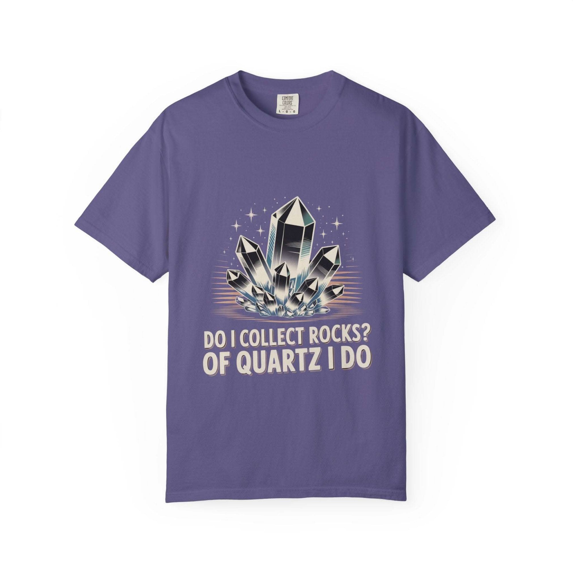 Purple t-shirt with a graphic of crystals and text on a white background