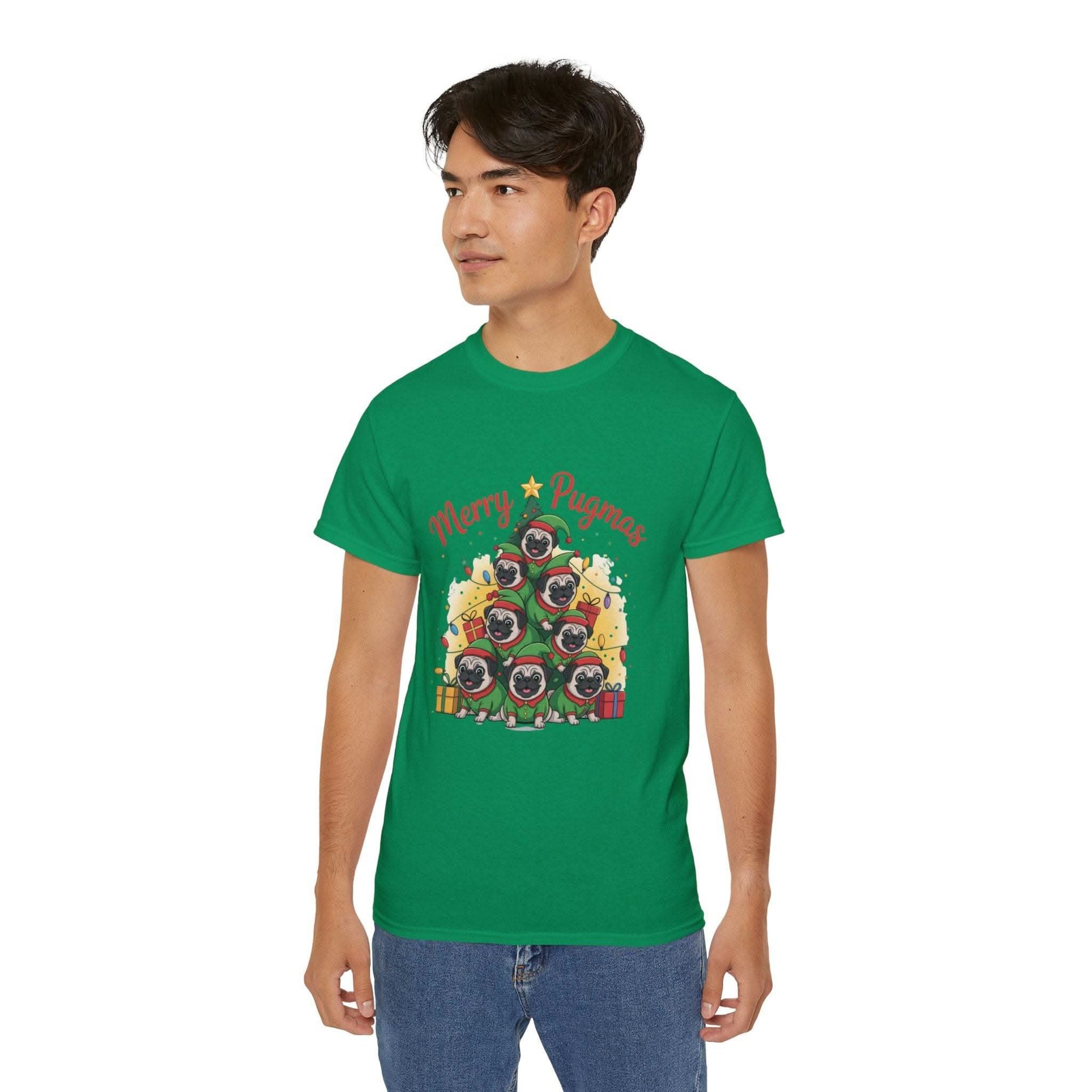 Black Merry Pugmas holiday t-shirt from Printify, featuring festive pug design for dog lovers.