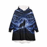 Blue wolf all over print hooded blanket with kangaroo pocket, soft lightweight fleece in indigo and cerulean tones