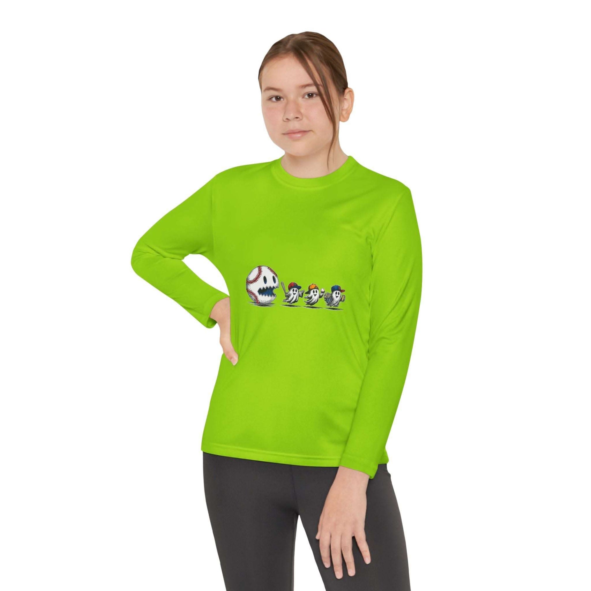 Youth Tee bright green long sleeve shirt with baseball eating Halloween ghosts graphic, moisture-wicking fabric, athletic fit