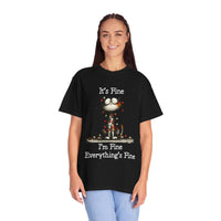 Black cat t-shirt with "It’s Fine, I’m Fine, Everything’s Fine" text and small cat illustration, medium-weight cotton, relaxed fit