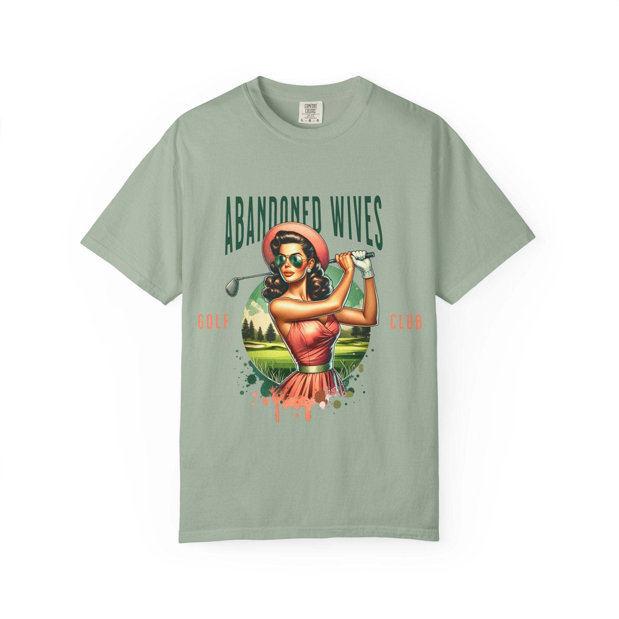 Vintage unisex t-shirt with Abandoned Wives Golf Club retro design in soft green cotton