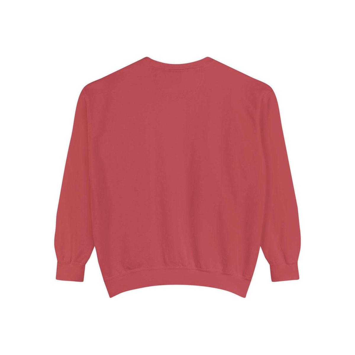 Red garment-dyed sweatshirt with relaxed fit and medium-heavy fabric, unisex holiday style