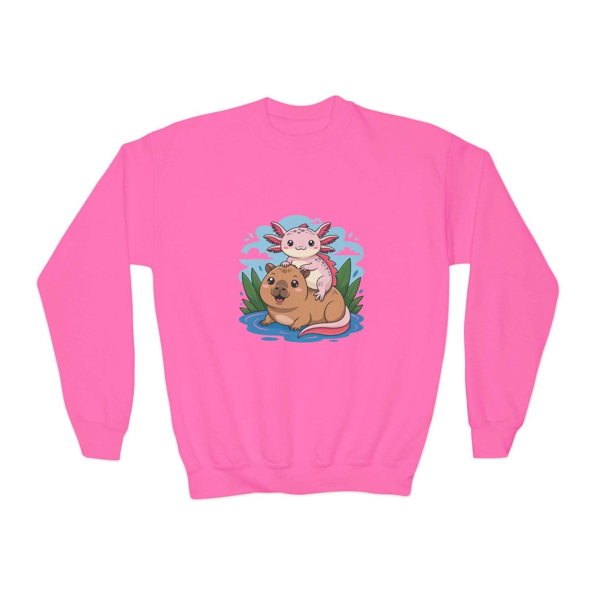 Pink sweatshirt with a cartoon axolotl and dog design on a white background