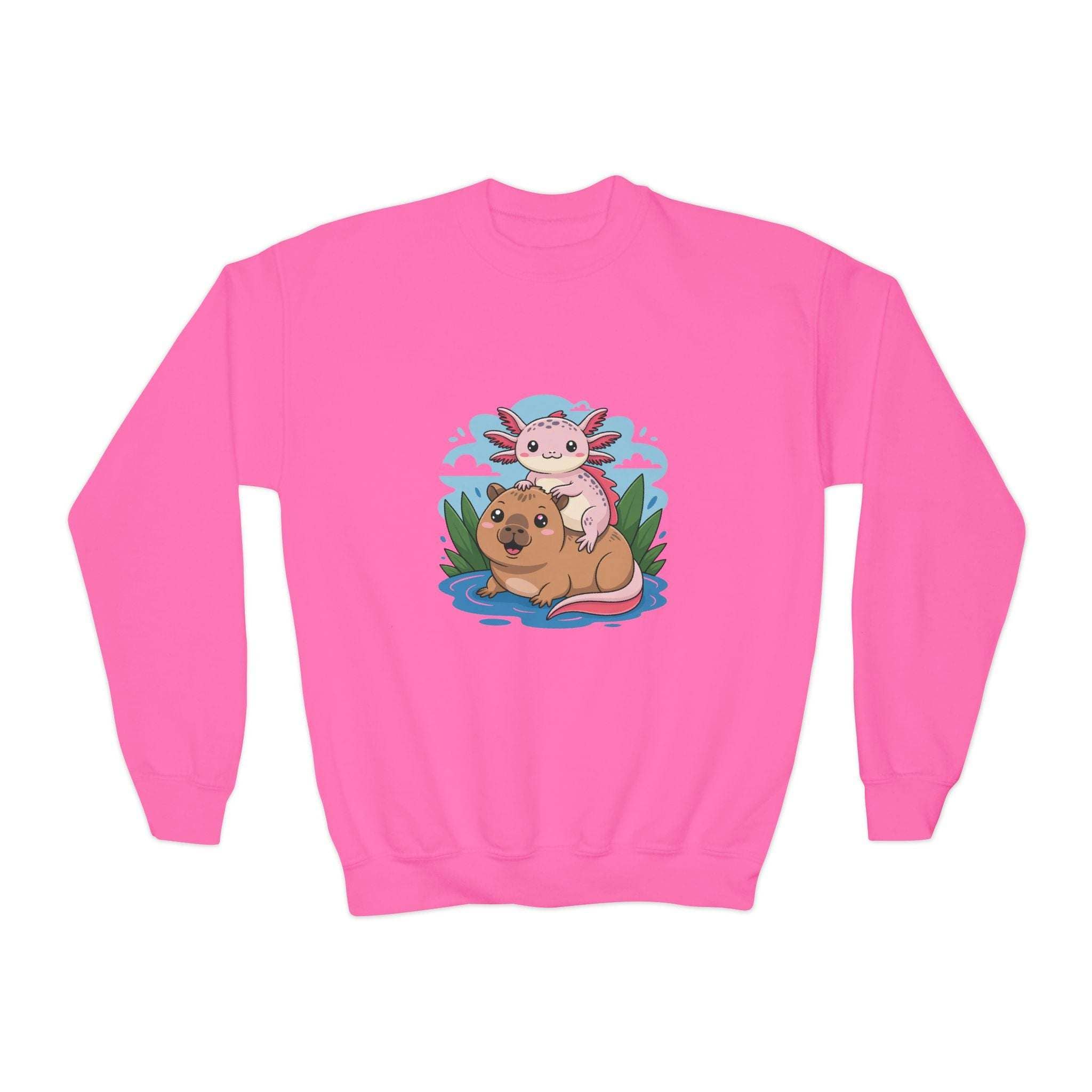 Pink sweatshirt with a cartoon axolotl and dog design on a white background