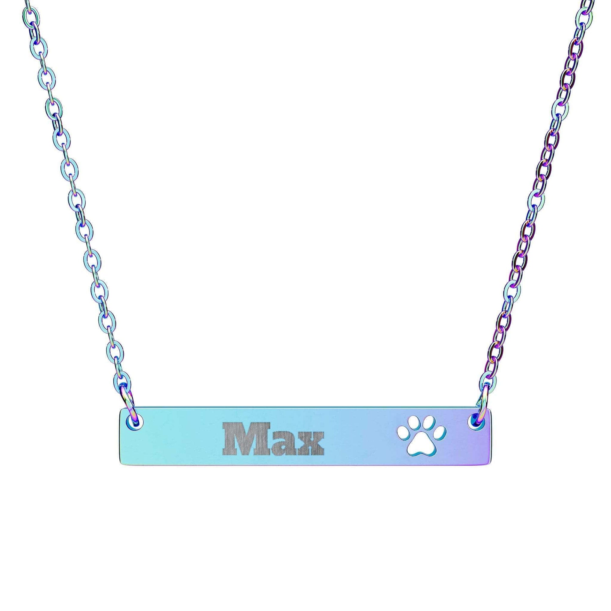 Necklace with a bar pendant engraved with 'Max' and a paw print on a white background