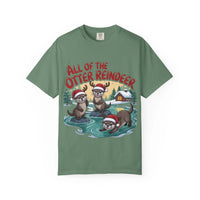 Green Otter Reindeer Tee with festive otters wearing Santa hats in winter scene