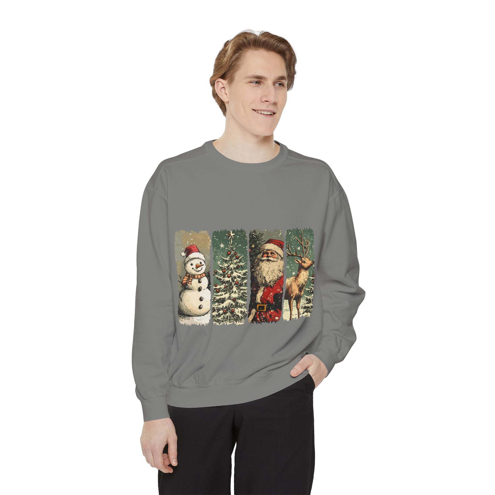 man wearing vintage Christmas sweatshirt with watercolor snowman, tree, Santa, and reindeer design