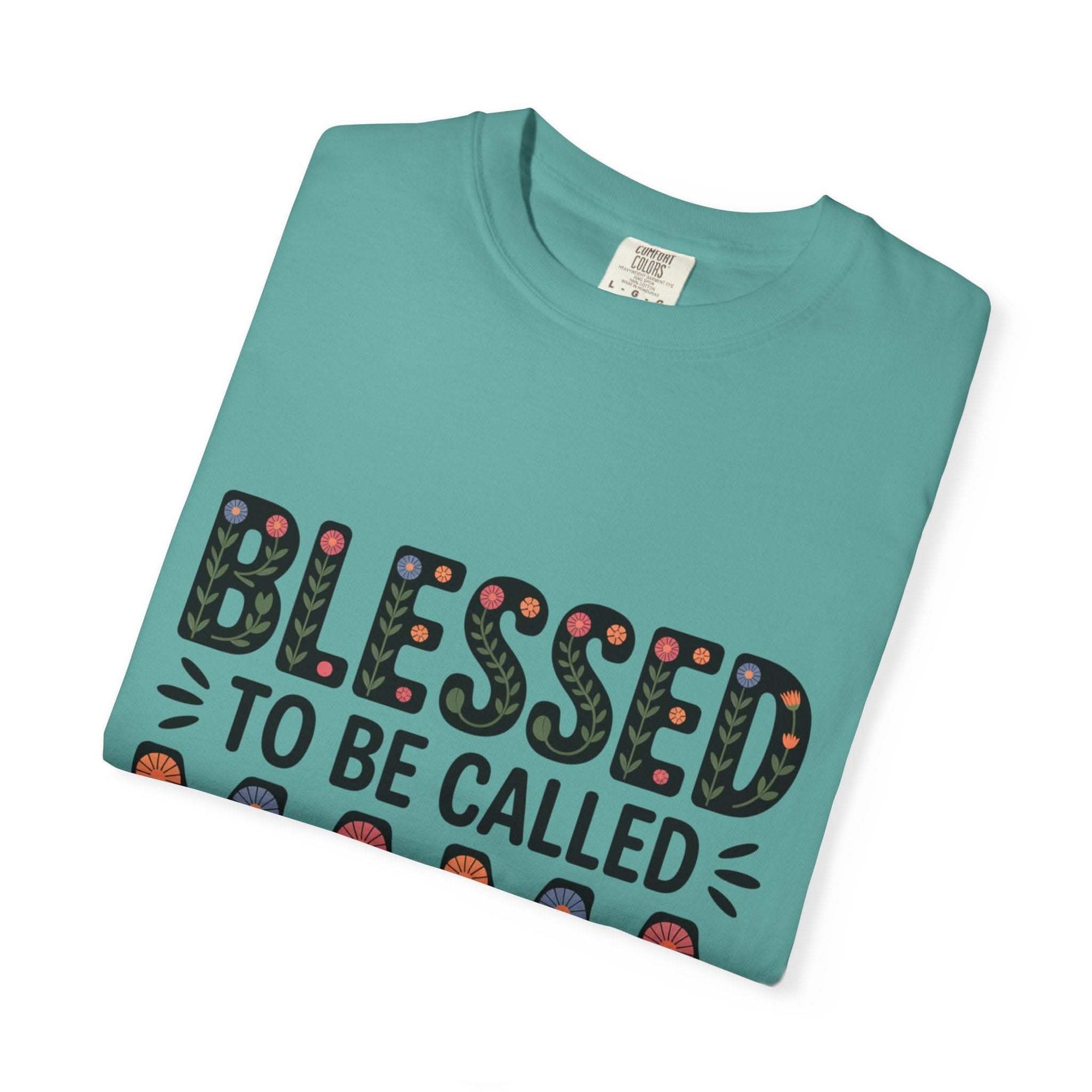 Floral "Blessed To Be Called Mama" T-Shirt with vintage wash and floral lettering celebrating motherhood