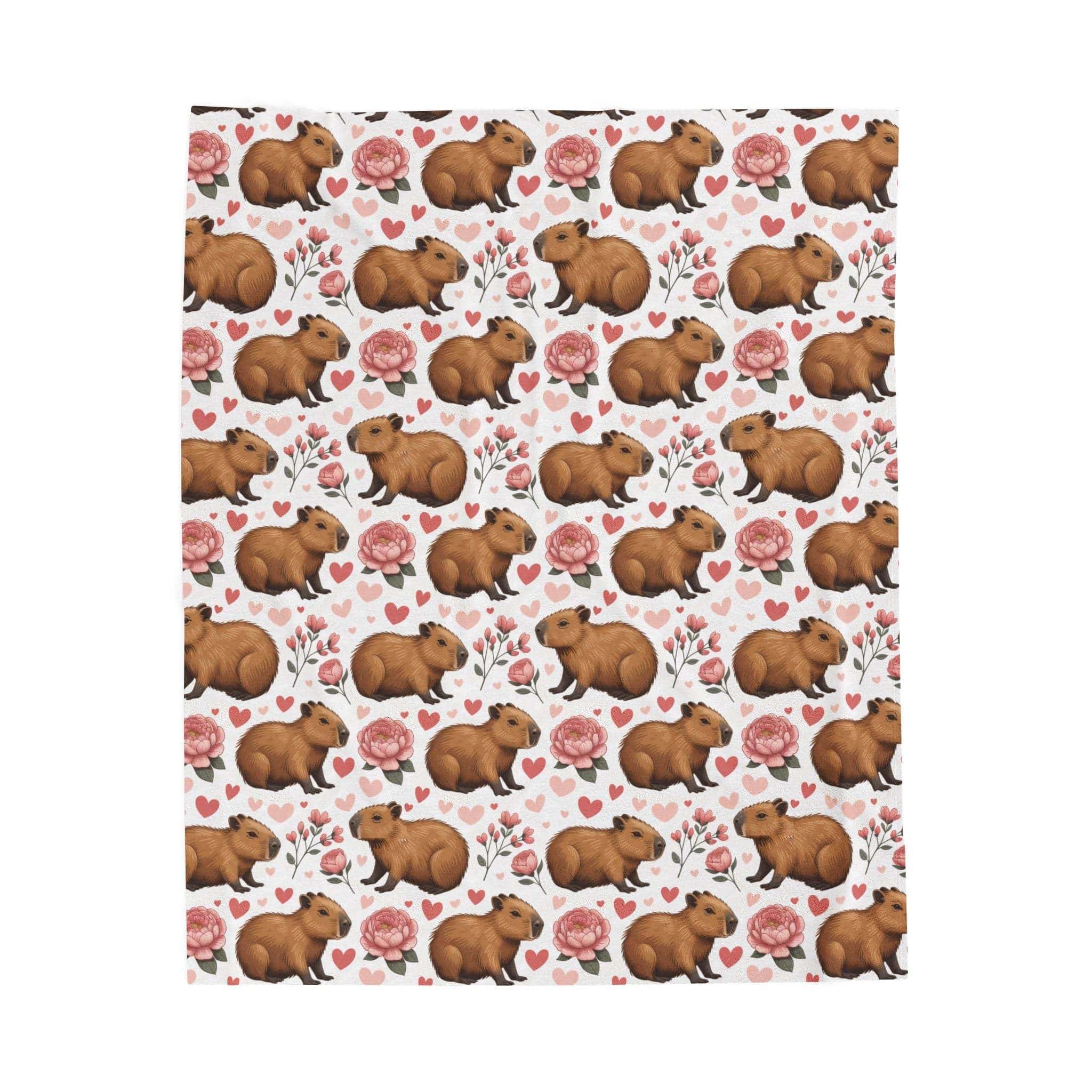 Floral Capybara Valentines velveteen plush blanket with pastel blooms and cozy warmth
