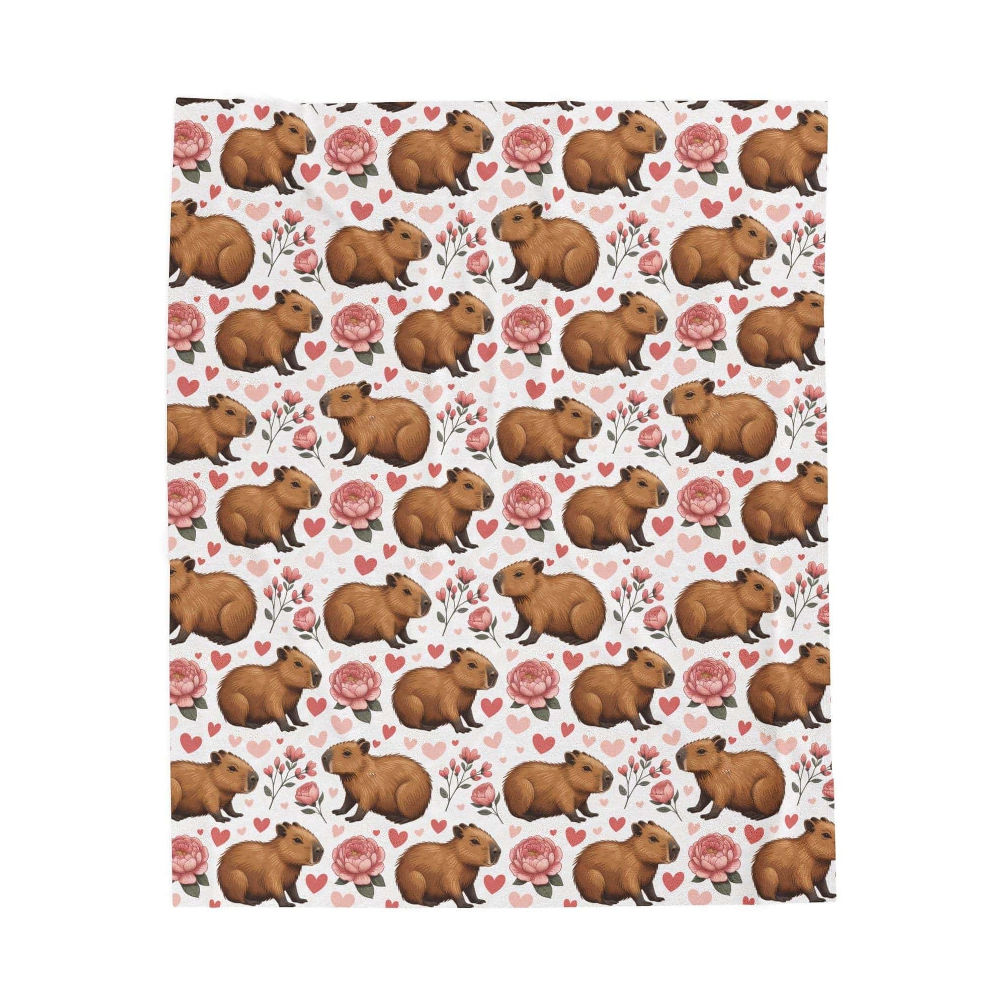 Floral Capybara Valentines velveteen plush blanket with pastel blooms and cozy warmth