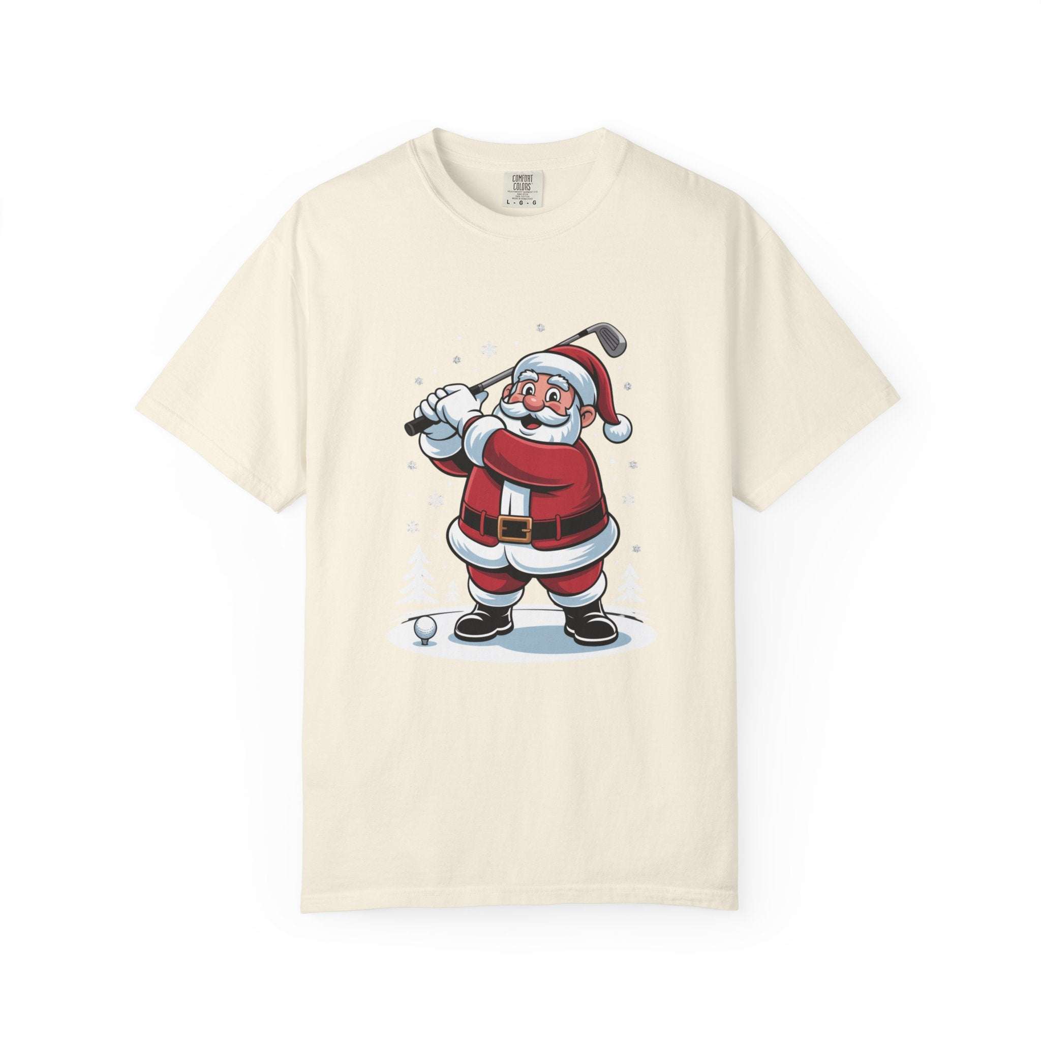 True Navy unisex t-shirt featuring Santa golfing design, perfect for festive occasions by Printify.