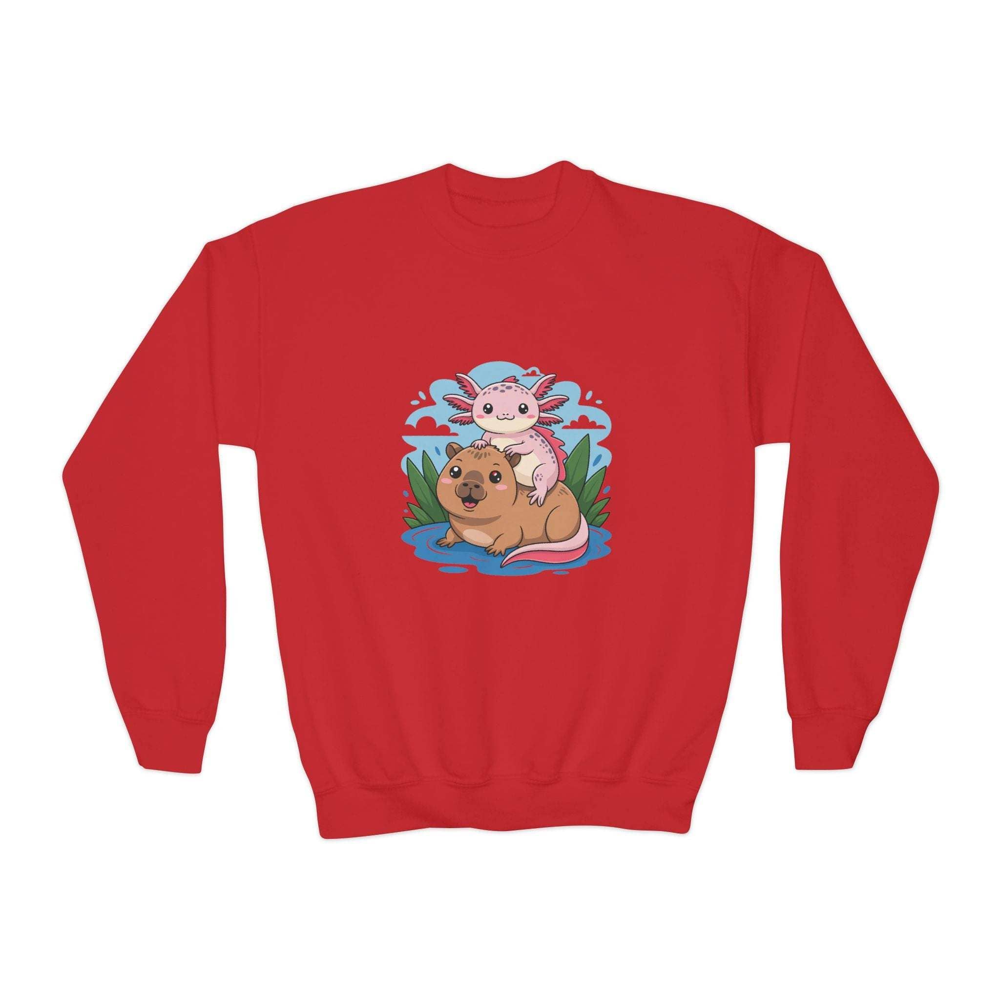 Red sweatshirt with a cartoon design of a dog and a dragon on a white background