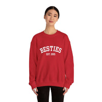 woman wearing red Varsity Besties Crewneck Sweatshirt with white Besties EST. 2025 lettering
