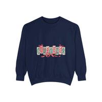 Navy blue garment-dyed sweatshirt with embroidered Preppy Counselor Christmas design and ribbed cuffs.
