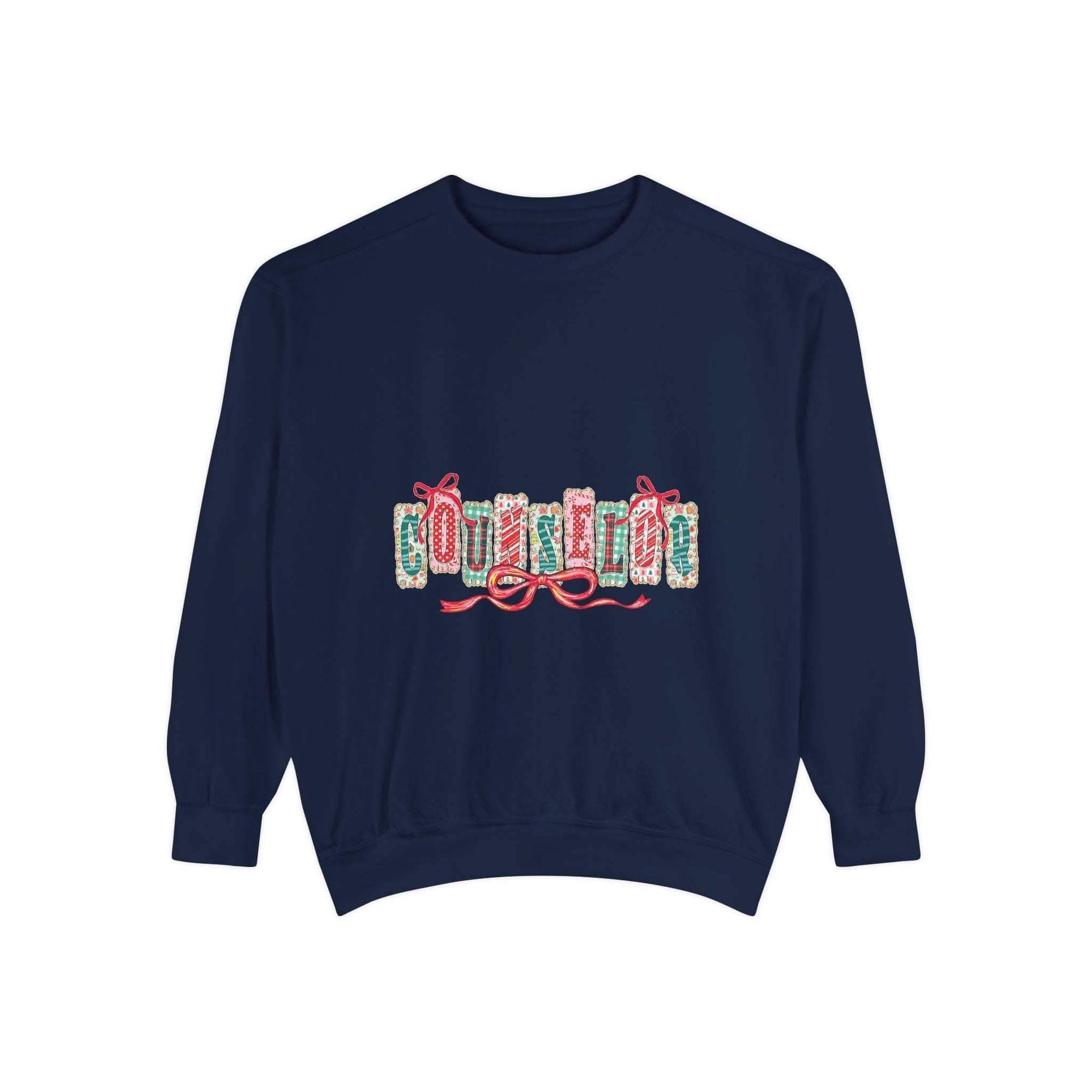 Navy blue garment-dyed sweatshirt with embroidered Preppy Counselor Christmas design and ribbed cuffs.