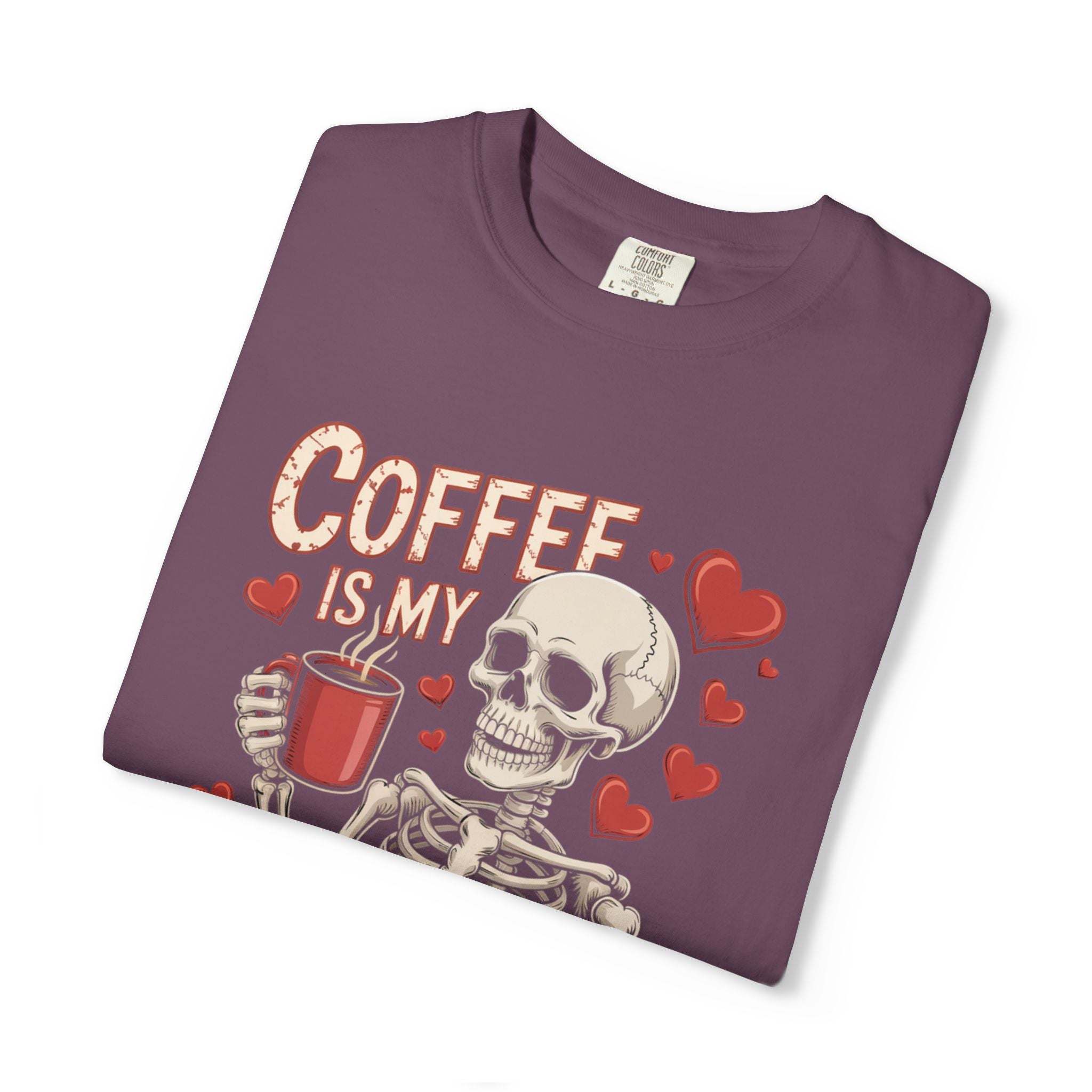 Coffee Is My Valentine skeleton graphic on vintage-washed relaxed fit t-shirt
