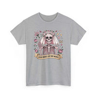 Bride Skull Illustration Tee with skeleton bride, roses, champagne, and “Good brides say bad words” banner on white cotton shirt