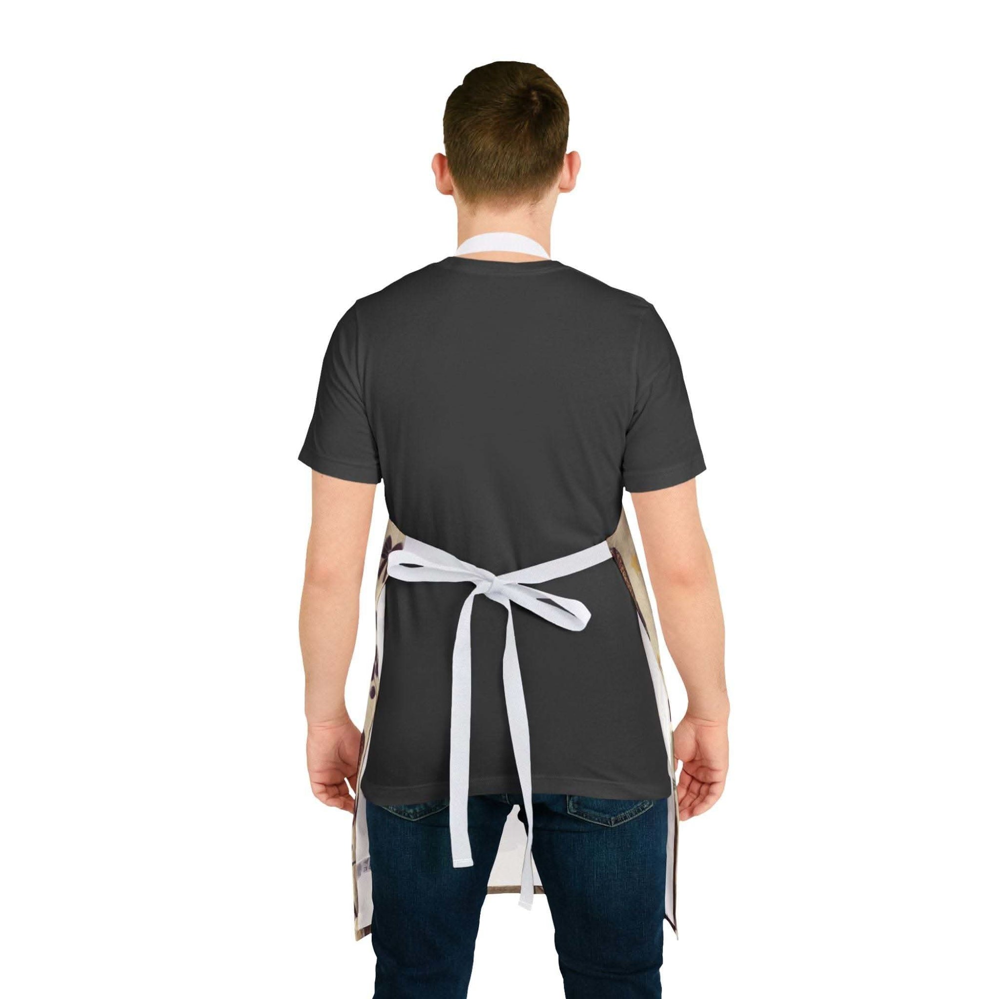 Back view of person wearing a Cowboy Christmas apron with tie-back closure and vibrant strap colors