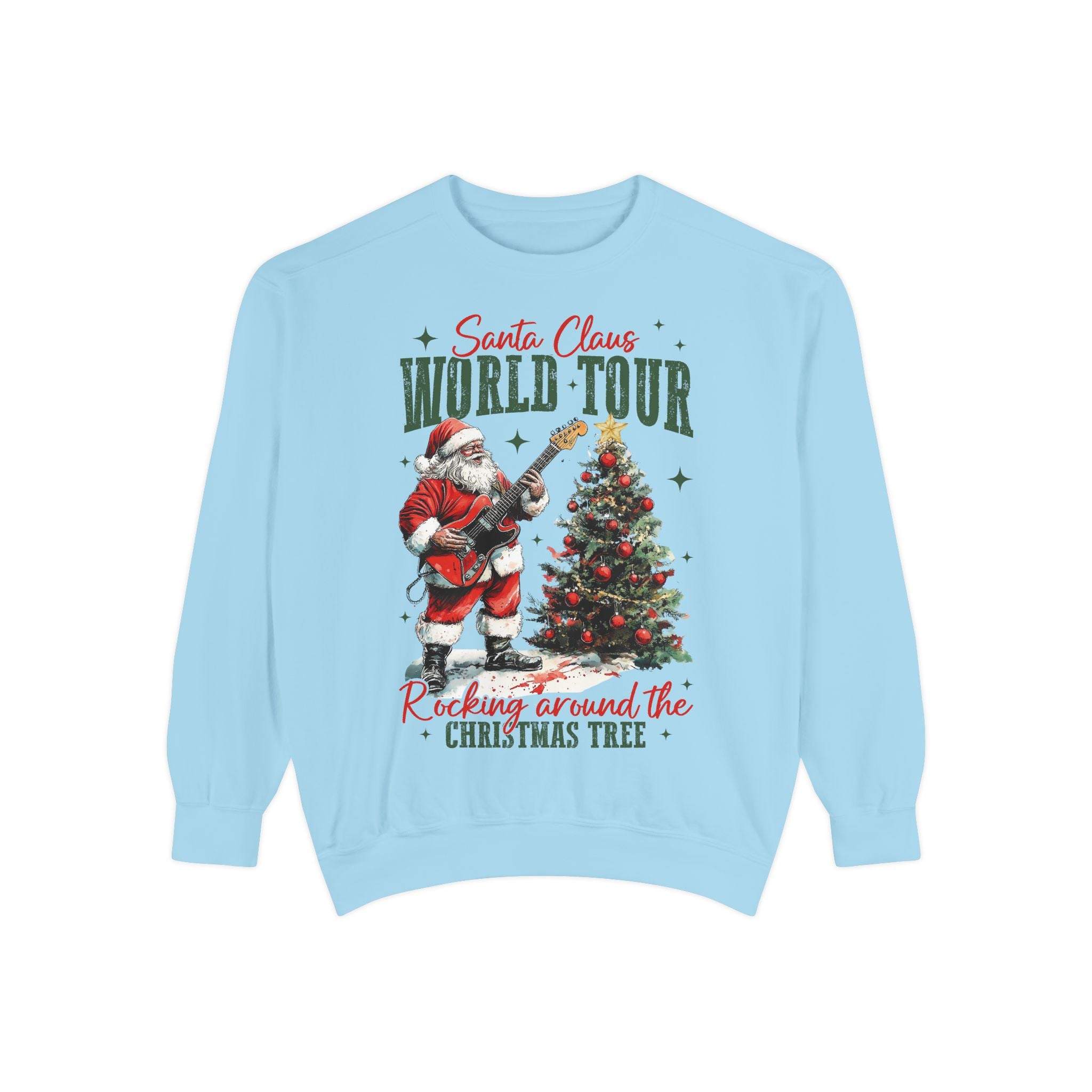 Light blue Sweatshirt Rocking Santa with Santa Claus playing guitar and Christmas tree design