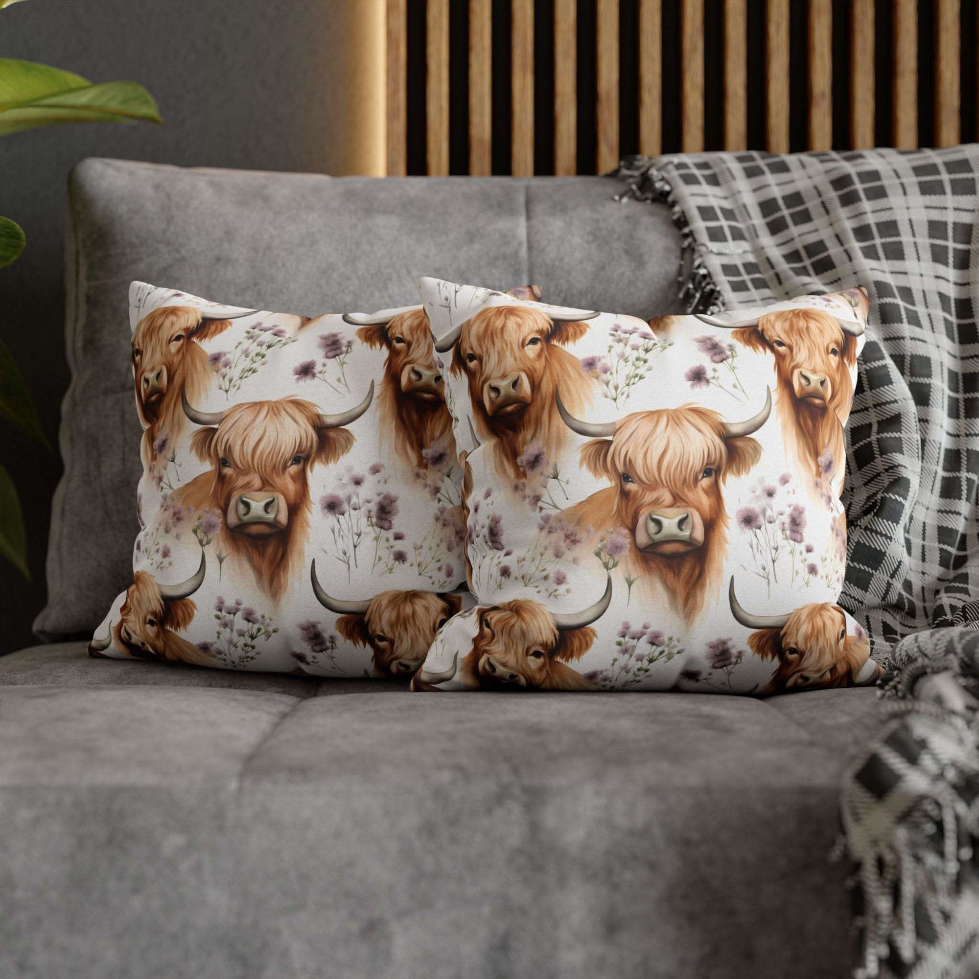 Floral Highland Cow decorative pillowcase with delicate blooms and cozy farmhouse style