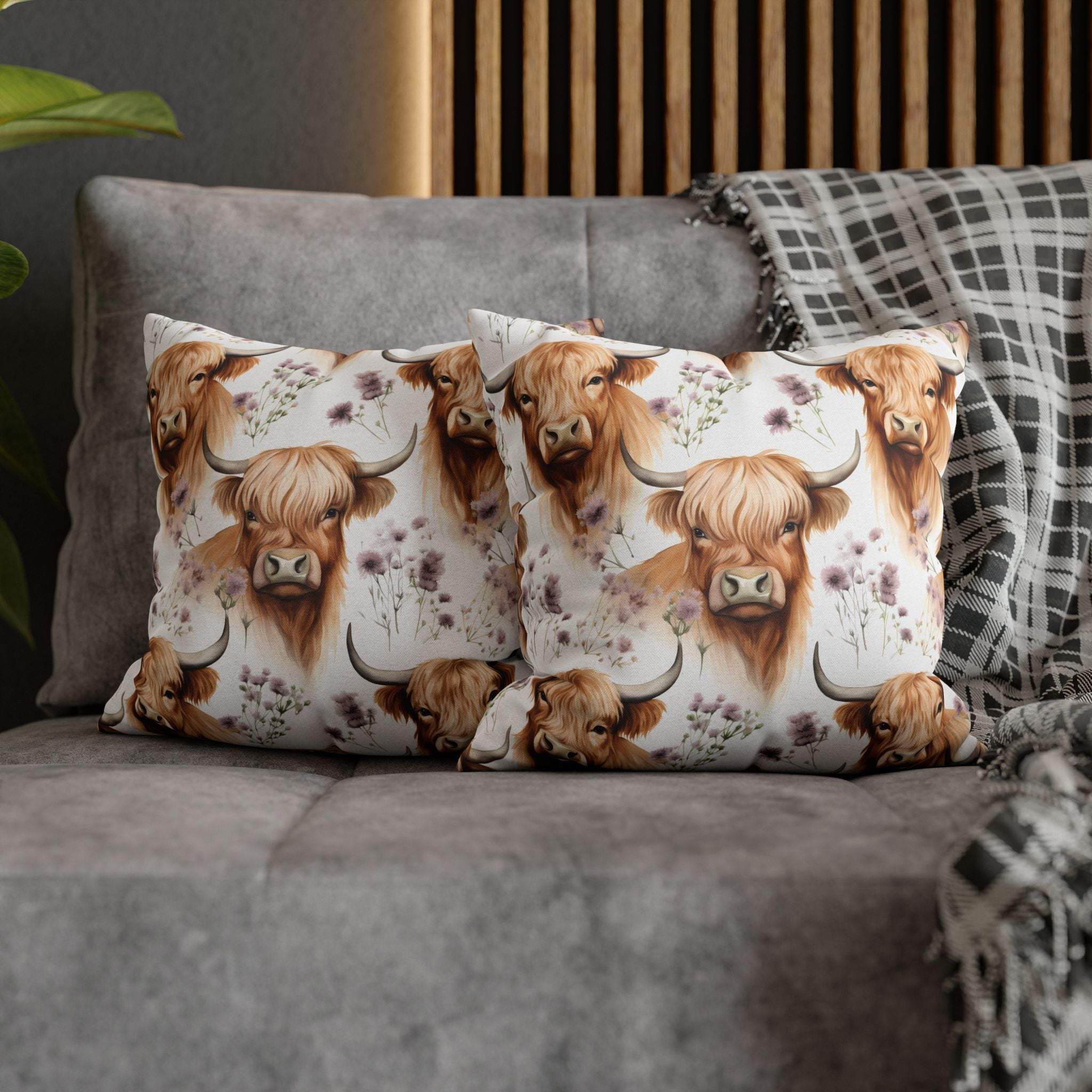 Floral Highland Cow decorative pillowcase with delicate blooms and cozy farmhouse style