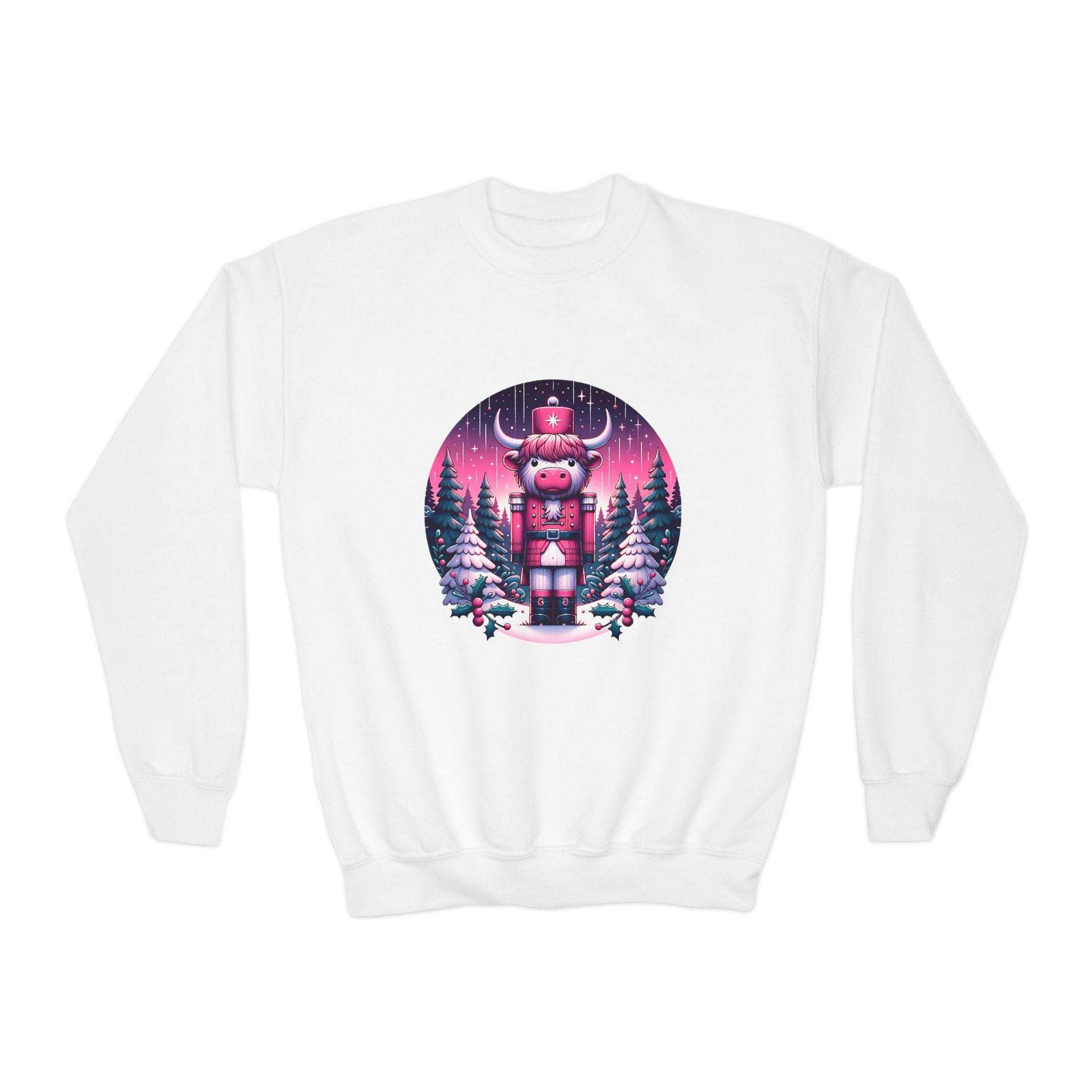 Youth crewneck sweatshirt with festive Highland Cow Nutcracker design for children in white, cozy and loose fit.