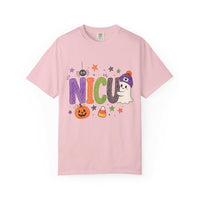 Blossom pink NICU nurse Halloween T-shirt with colorful crayon-style lettering, a smiling ghost in a purple beanie, pumpkin, and candy corn.