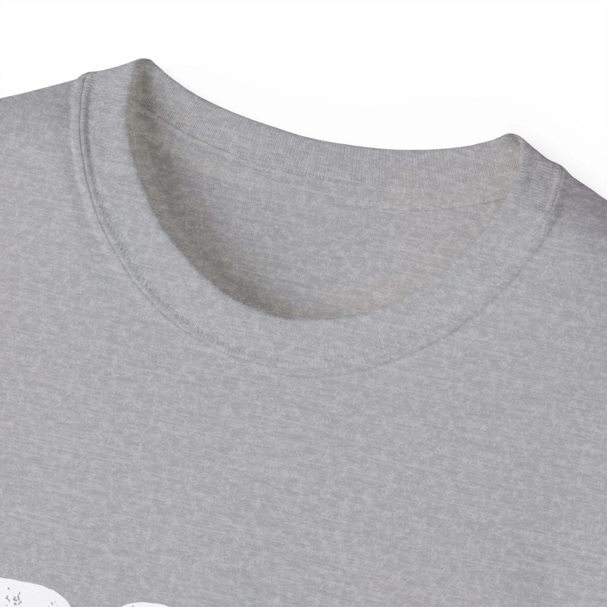 Close-up of grey distressed frosty T-shirt collar made from 100% US cotton unisex tee
