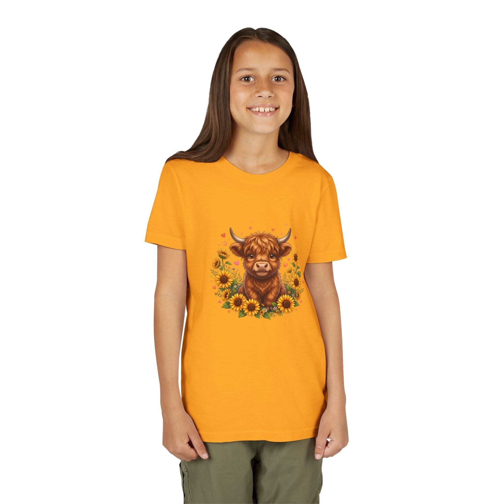 Youth tee featuring Highland Cow with Sunflowers design on soft cotton fabric