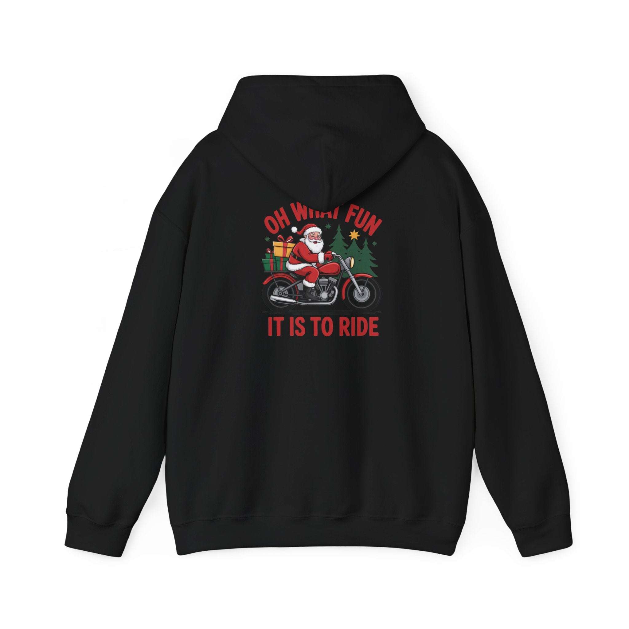 Santa motorcycle hoodie in black, featuring festive graphics, perfect for holiday celebrations and motorcycle enthusiasts.