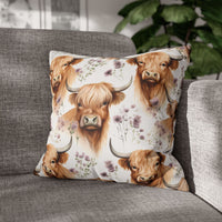 Floral Highland Cow decorative pillowcase with floral design and farmhouse charm