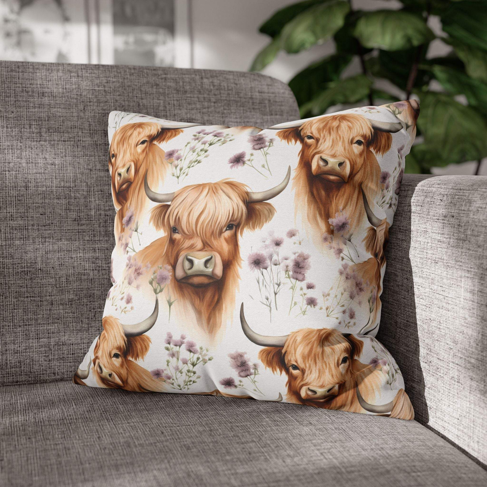 Floral Highland Cow decorative pillowcase with delicate blooms and long-haired cow design