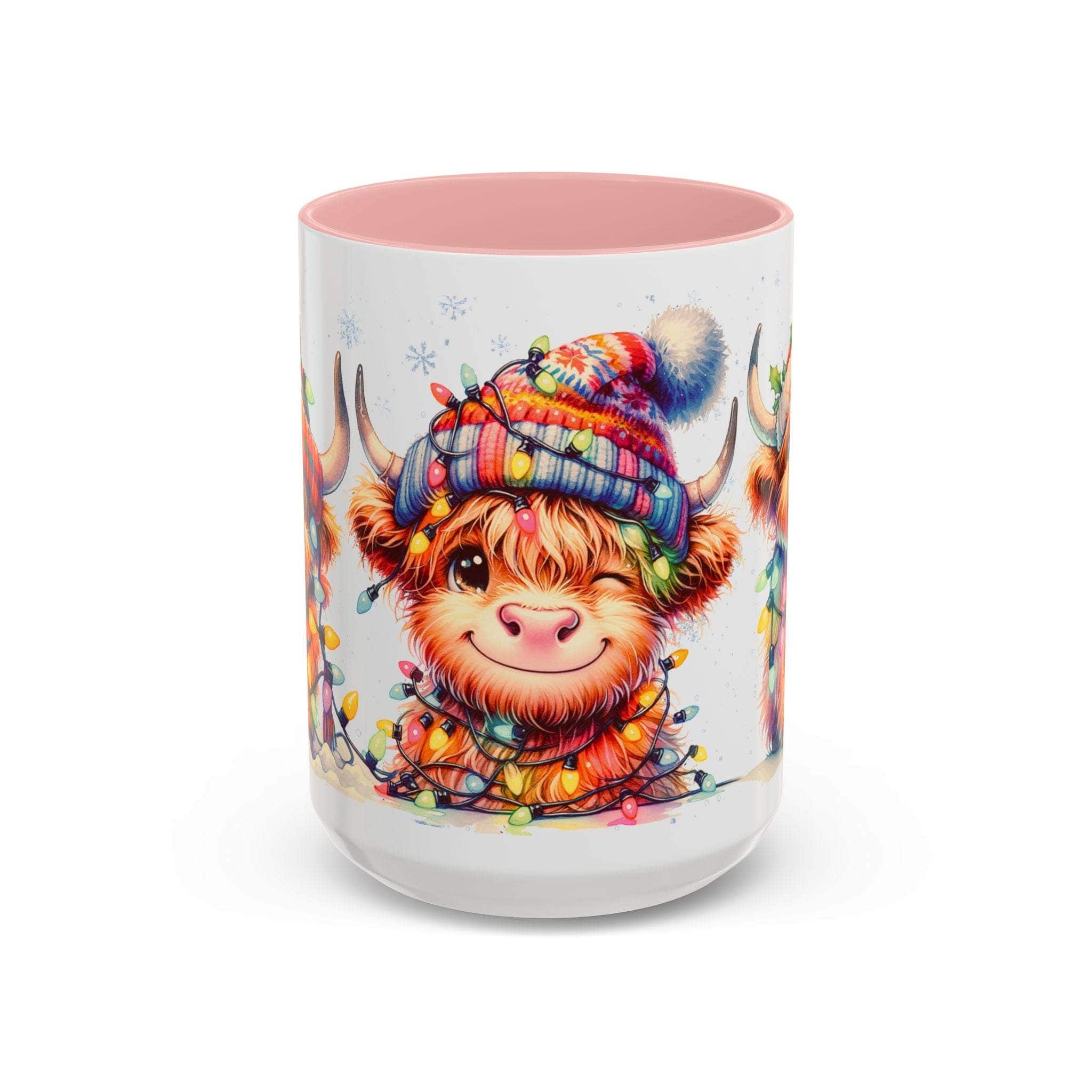 Scottish Highland Cow Christmas coffee mug with colorful holiday hat and string lights, ceramic with pink interior and handle