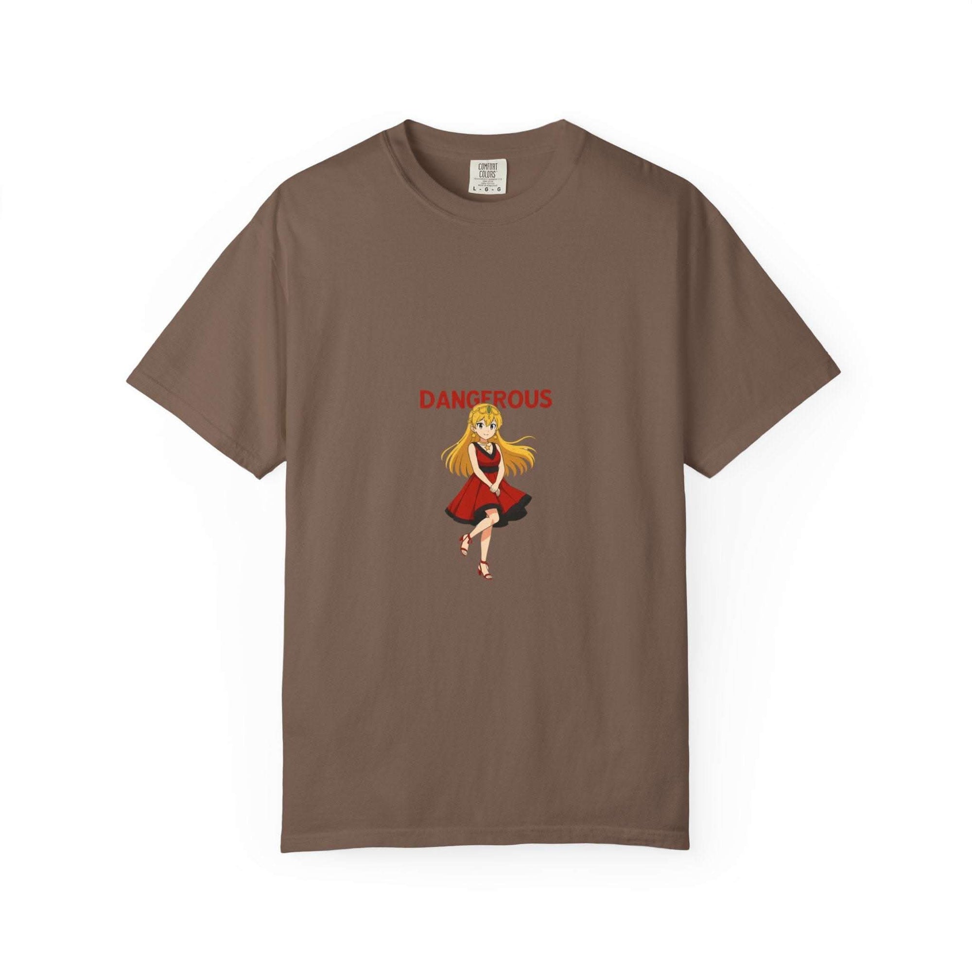 Anime T-shirt featuring a dangerous red girl design in black, casual style by Printify