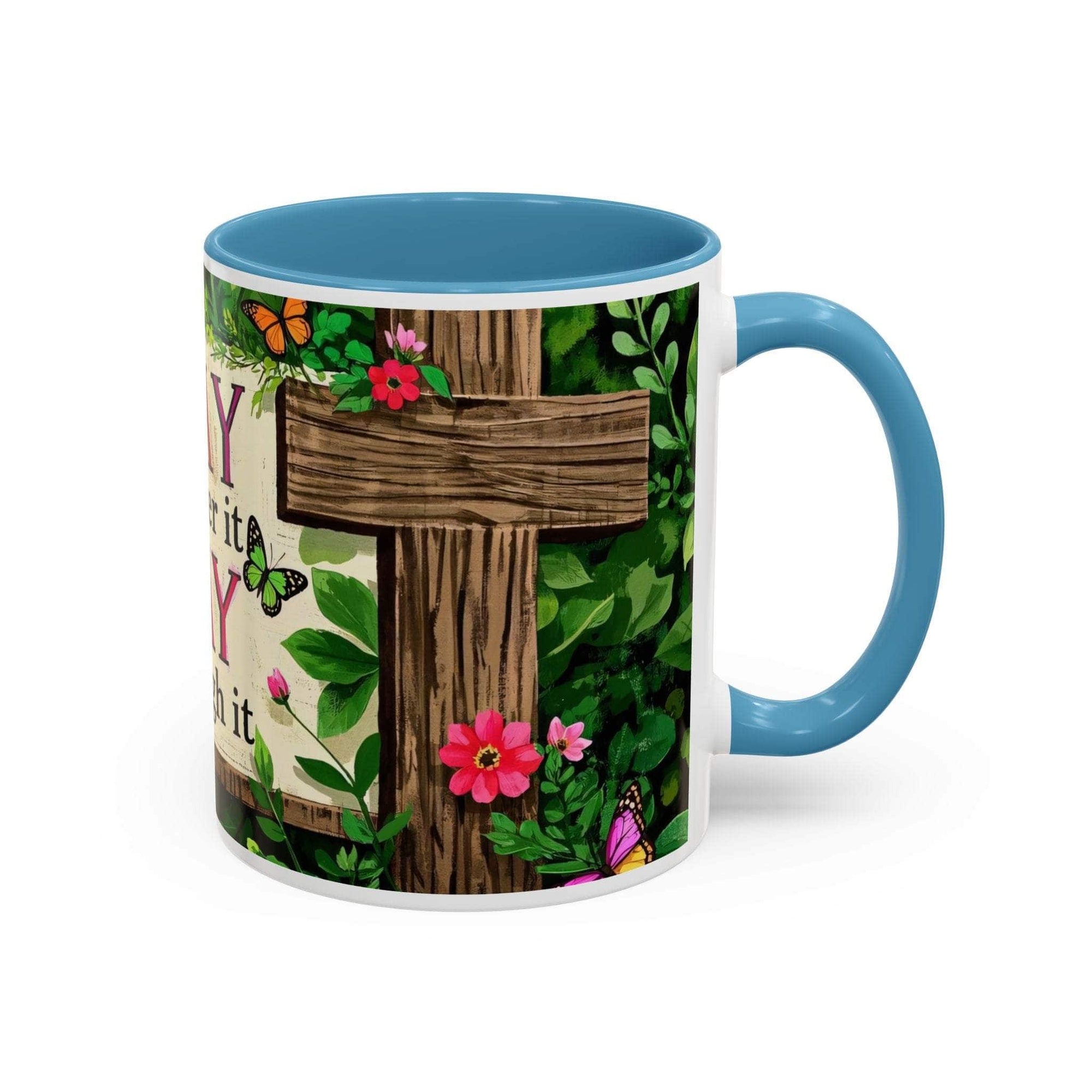 Mug with a wooden cross design, flowers, and butterflies on a white background